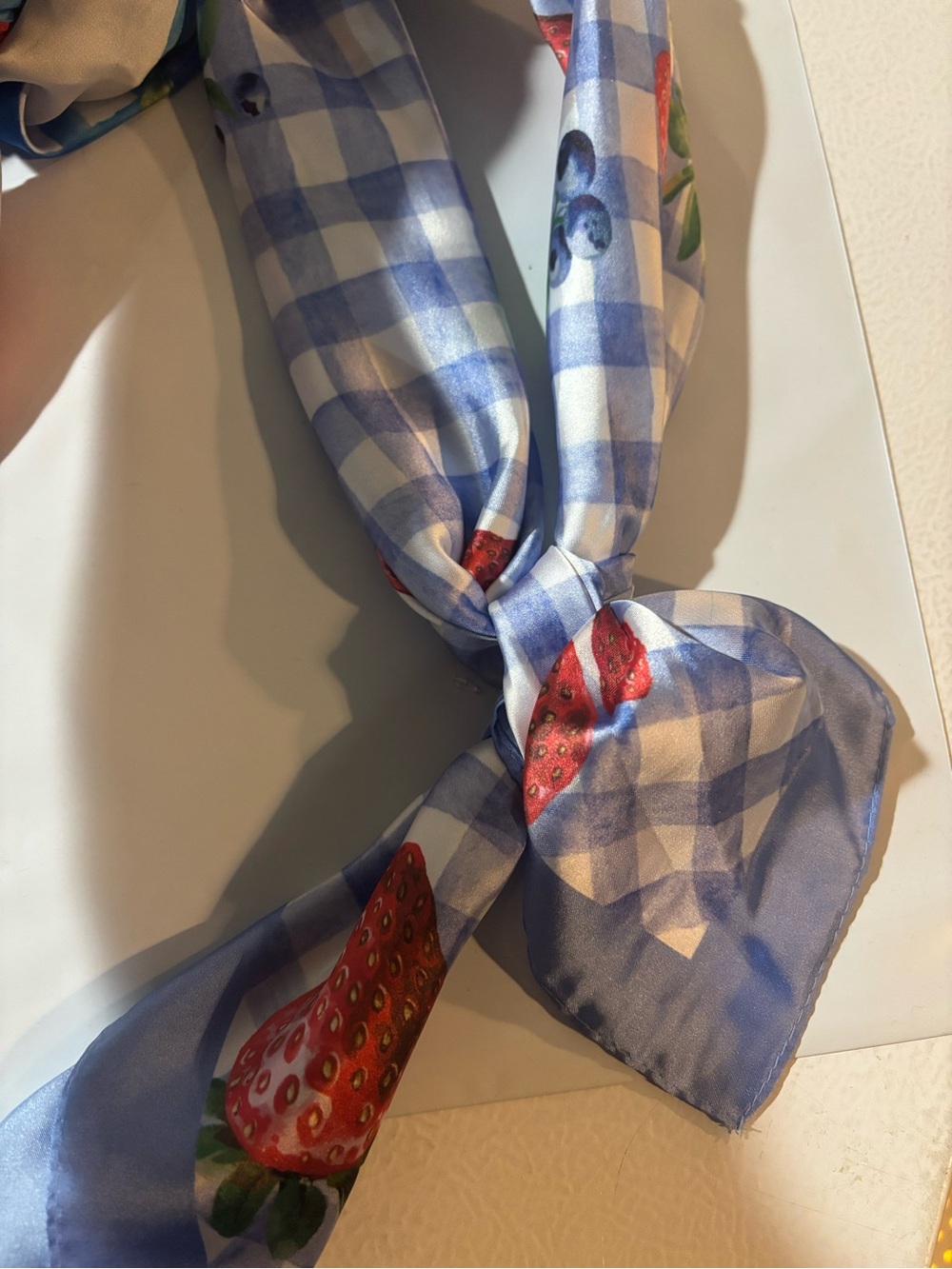 NWT La Valentina Blue & Red Cherry Print Silk-Feel Neck Scarf Set - Picture 5 of 6